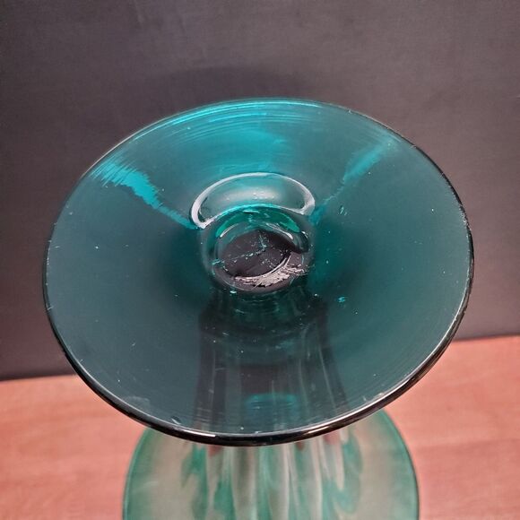Mid Century Blenko Art Glass Blue Green Hand Blown Trumpet Vase - Picture 4 of 10
